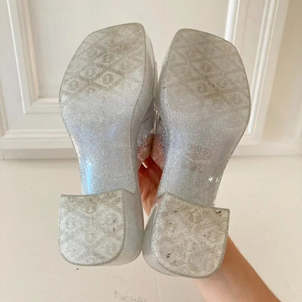 Jeffrey Campbell Silver Glitter Platform Slide Sandals